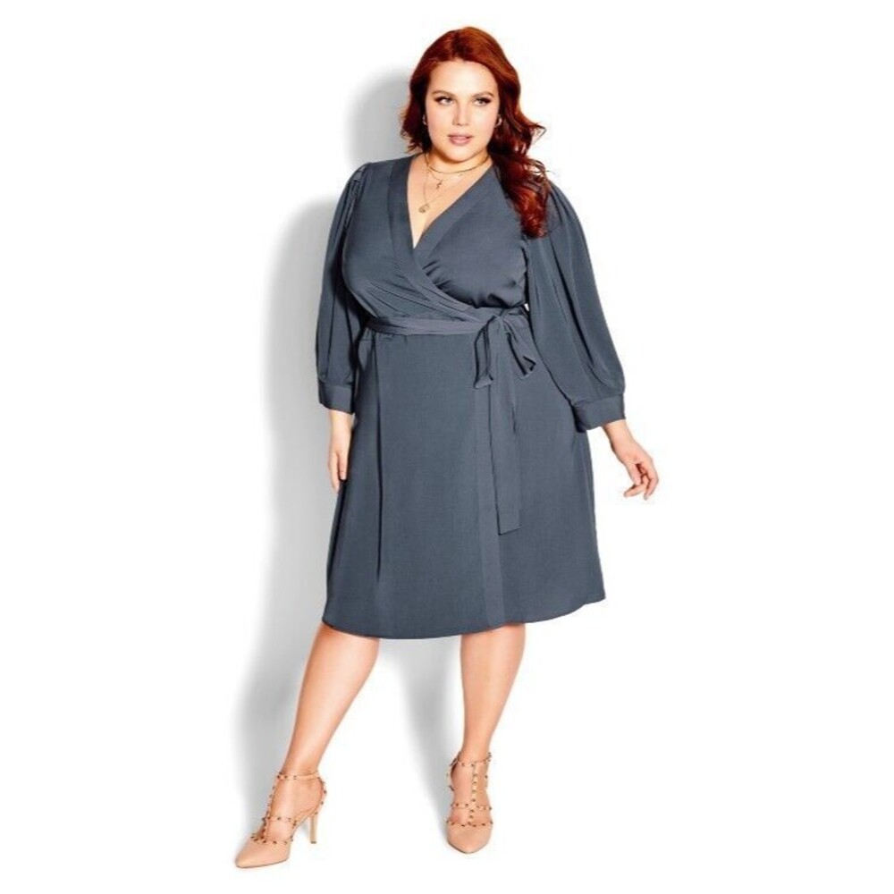 City Chic‎ The Sultry Puff Sleeve Wrap Dress Slate Grey Women's Plus Size 14